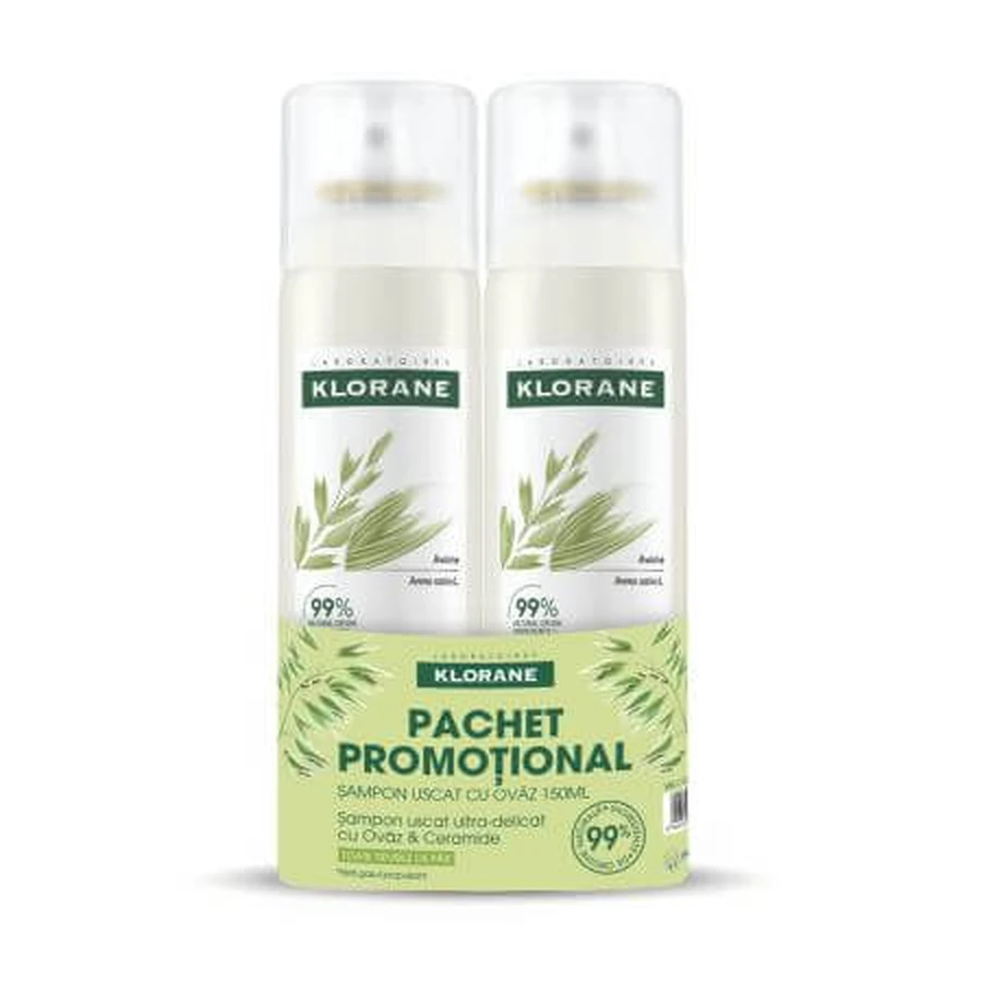 Dry shampoo pack with ceramides and organic oats, 2 x 150 ml, Klorane