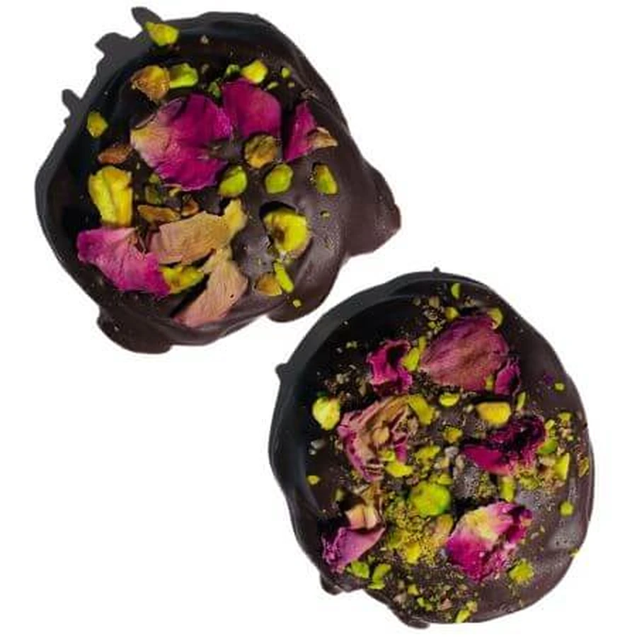 Rosa, pistacho y dátiles en chocolate, 95 g, Maitri