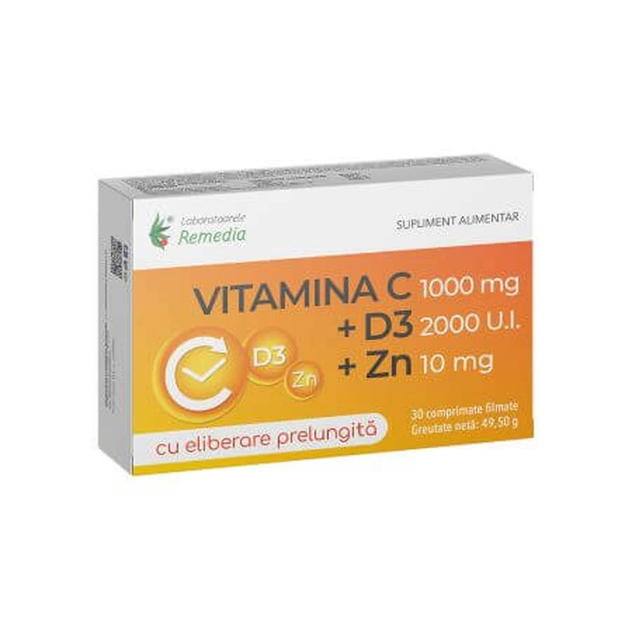 Vitamine C 1000 mg + Zink 10 mg + D3 2000 IE, 30 filmomhulde tabletten, Remedia
