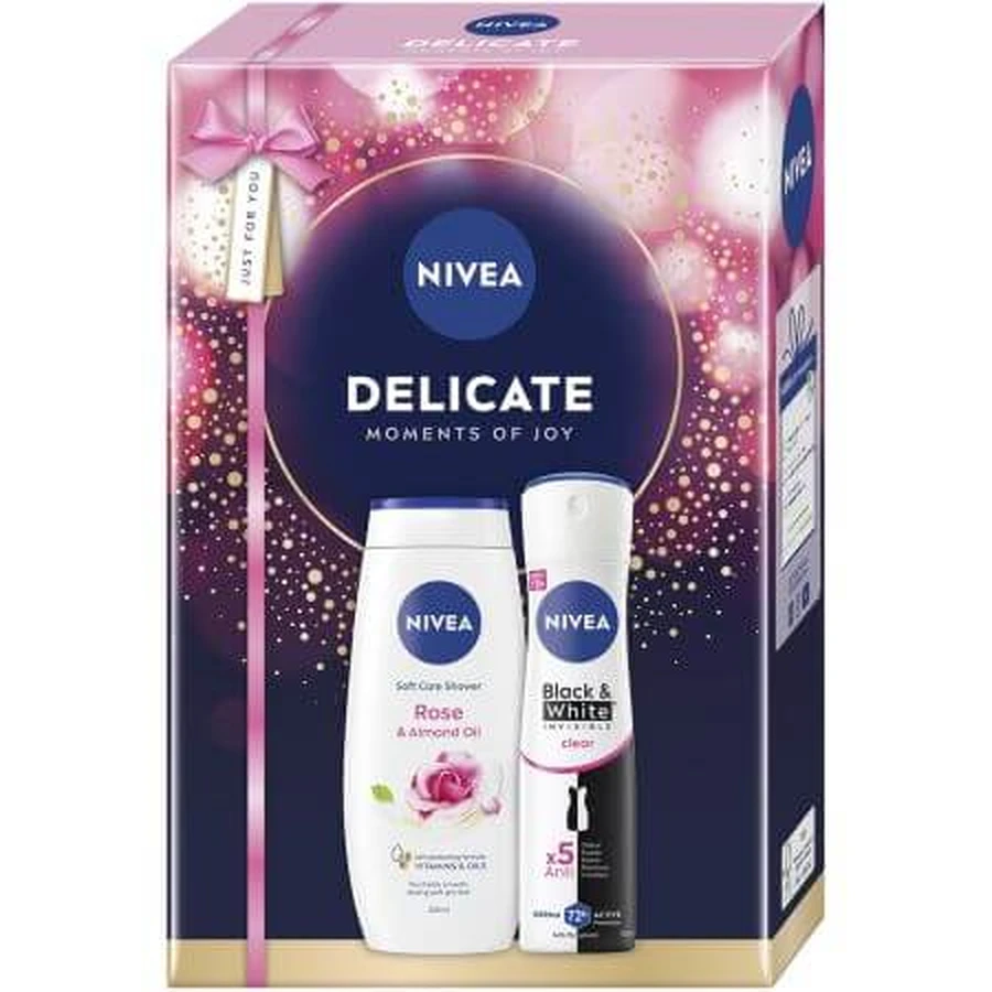 Set Rose & Mandelöl Duschgel 250ml + Deodorant Spray Black & White Invisible Clear 150ml Delicate, Nivea