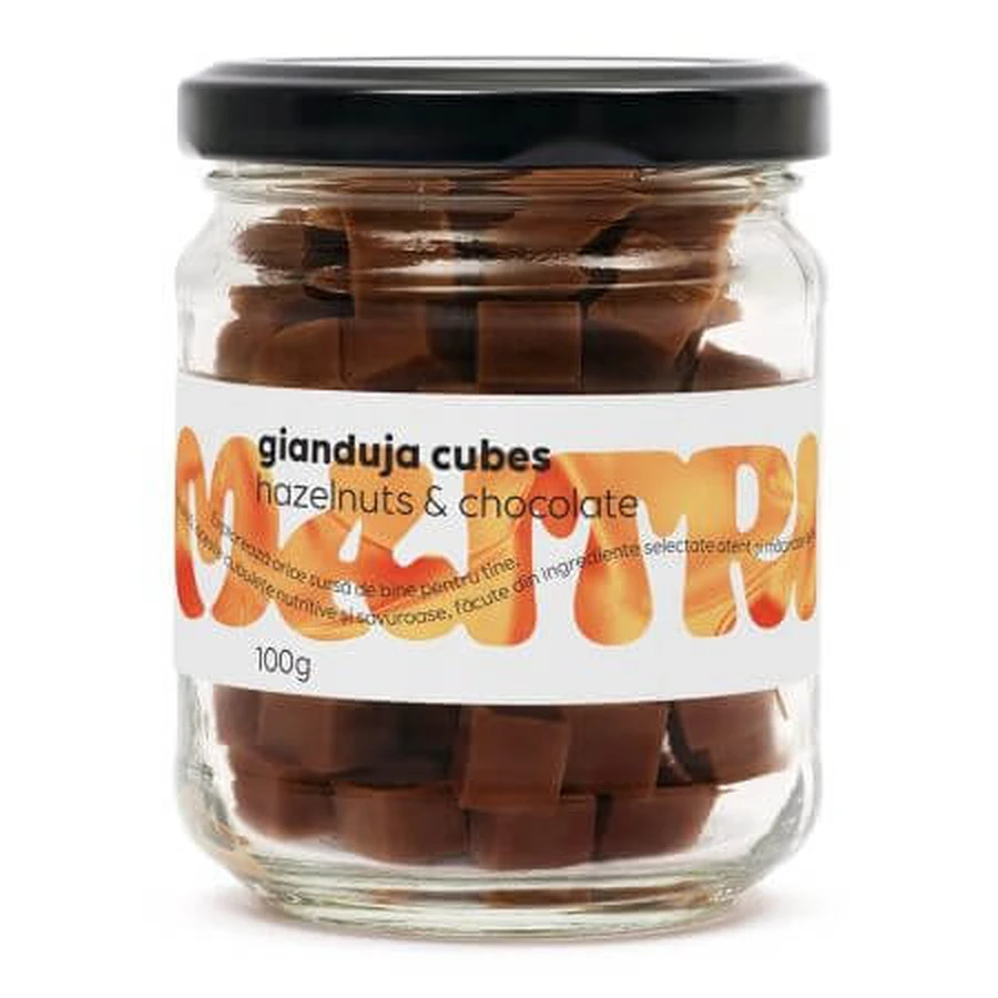Gianduja Cubos de chocolate negro con avellanas crujientes, 100 g, Maitri