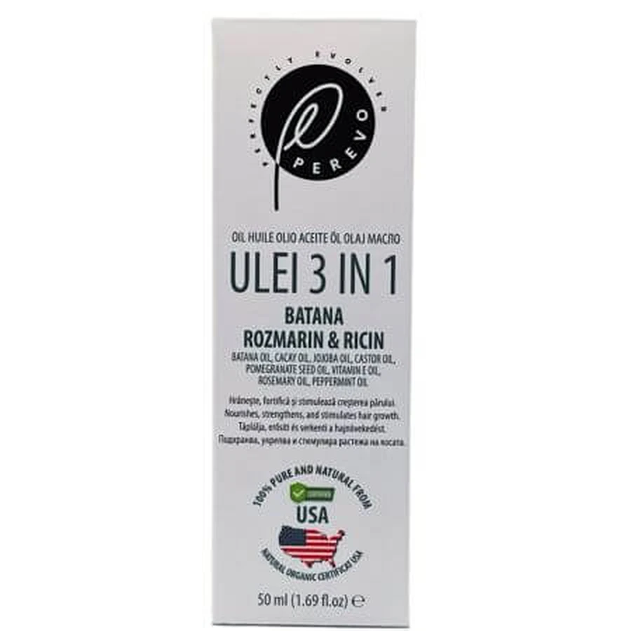 3 in 1 oil with castor, castor and rosemary for scalp and hair, 50 ml, Perevo