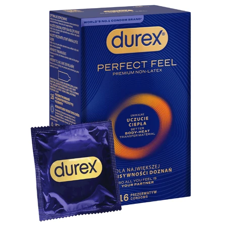 Durex Perfect Feel Premium Non-Latex, non-latex condoms, unique warm feeling, 16 pieces