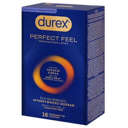 Durex Perfect Feel Premium Non-Latex, non-latex condoms, unique warm feeling, 16 pieces
