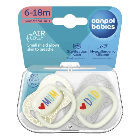 Canpol Babies, pacifier, 6-18 months, silicone, symmetrical, Night Glow, LoveMum&Dad, 2 pieces