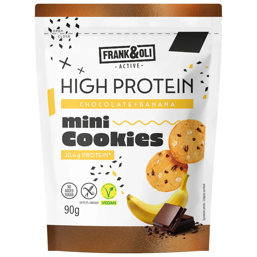 Frank&Oli High Protein, mini galletas, chocolate y plátano, 90 g