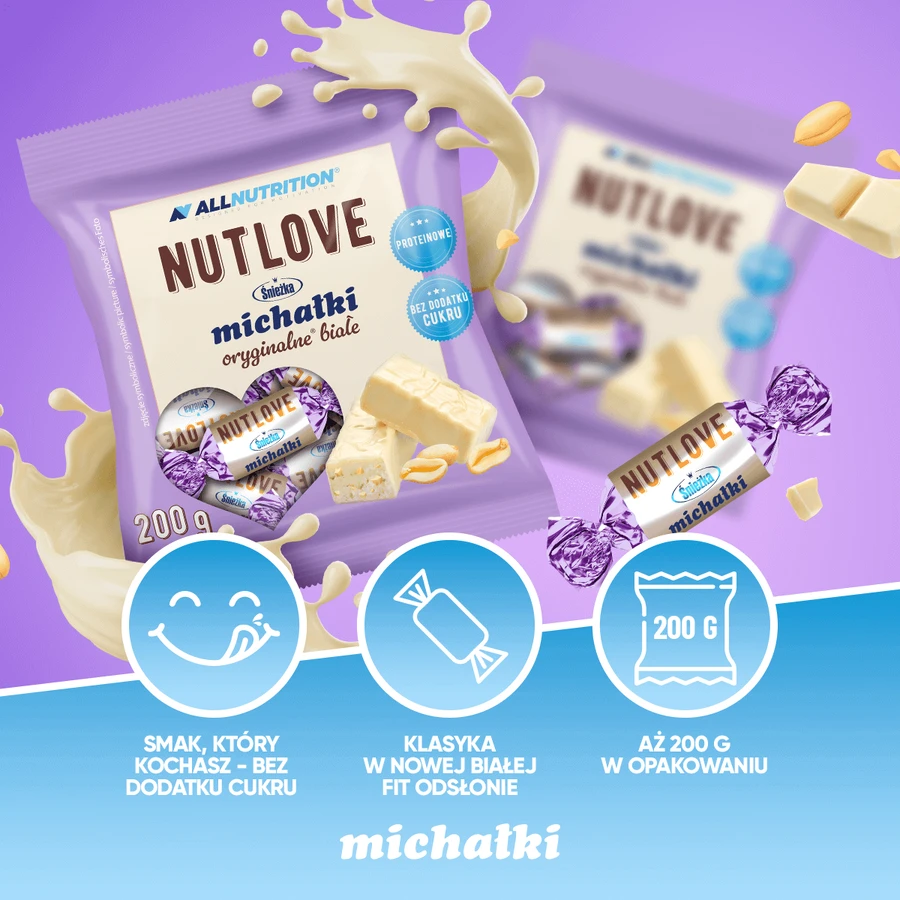 Allnutrition Nutlove Śnieżka Michałki Białe, Bonbons mit Erdnüssen in einer weißen Glasur, ohne Zuckerzusatz, 200 g
