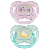 Canpol Baby's, fopspeen, 0-6 maanden, siliconen, symmetrisch, Night Glow, paars en blauw, 2 stuks
