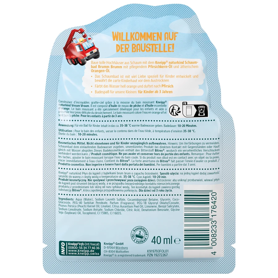 Kneipp Naturkind Brum-Brum, líquido para baño de burbujas, melocotón, 40 ml