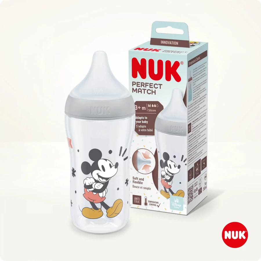 NUK Perfect Match, biberon anti-colique avec tétine en silicone, taille M, Mickey Mouse à partir de 3 mois, 260 ml