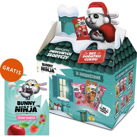 Casa de Navidad Bunny Ninja llena de caramelos afrutados, 14 sorpresas + libro para colorear gratis