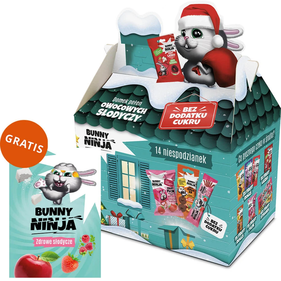 Casa de Navidad Bunny Ninja llena de caramelos afrutados, 14 sorpresas + libro para colorear gratis