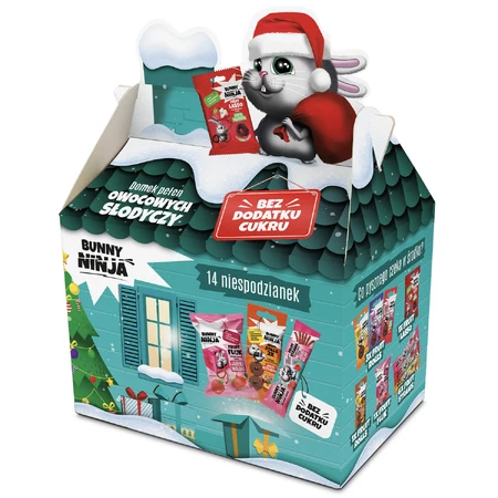Casa de Navidad Bunny Ninja llena de caramelos afrutados, 14 sorpresas + libro para colorear gratis
