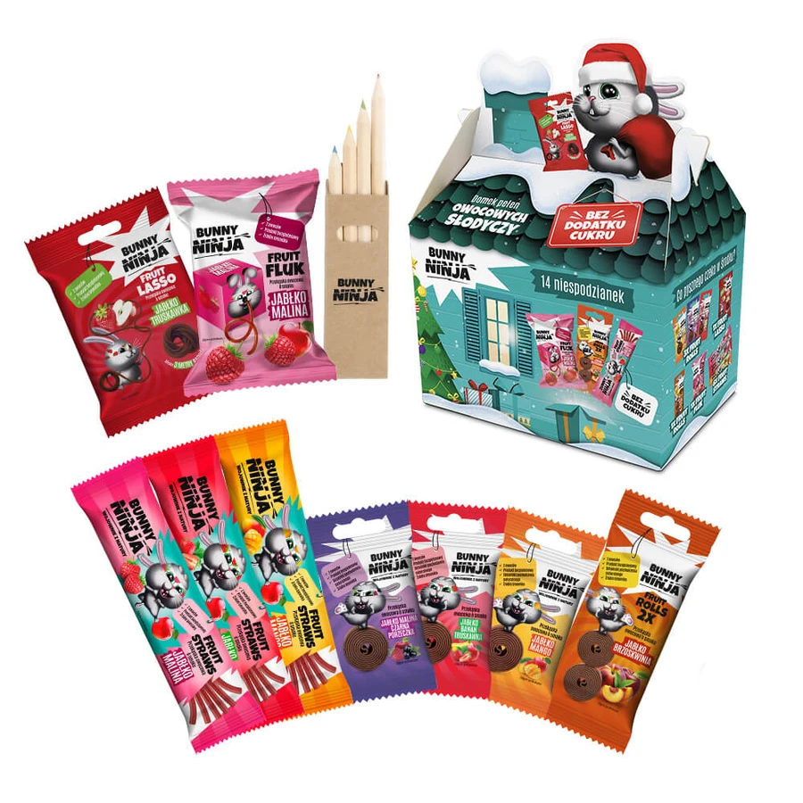 Casa de Navidad Bunny Ninja llena de caramelos afrutados, 14 sorpresas + libro para colorear gratis