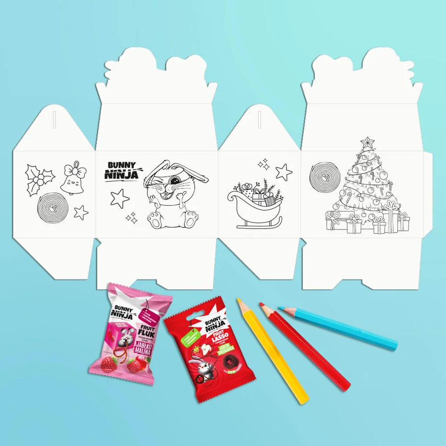 Casa de Navidad Bunny Ninja llena de caramelos afrutados, 14 sorpresas + libro para colorear gratis