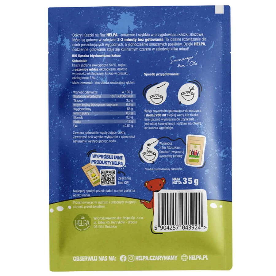 Helpa Bio Instant porridge, cocoa, 35 g