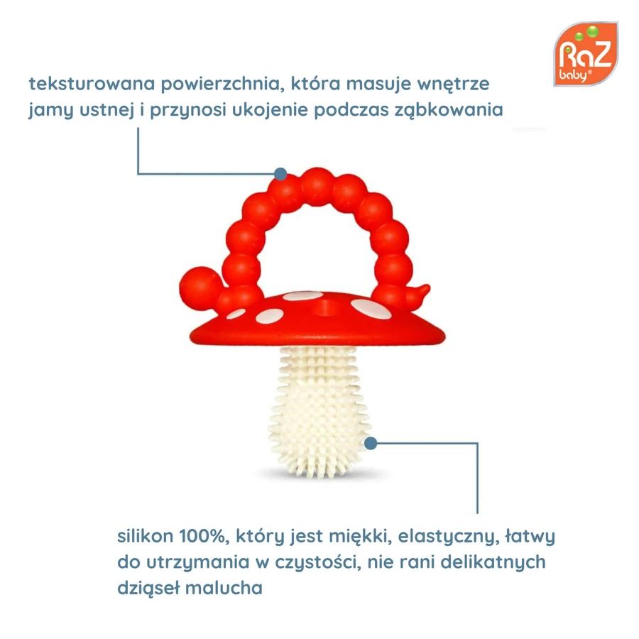 RaZbaby, logopedie bijtring, paddenstoel, rood en groen, vanaf 3 maanden, 2 stuks