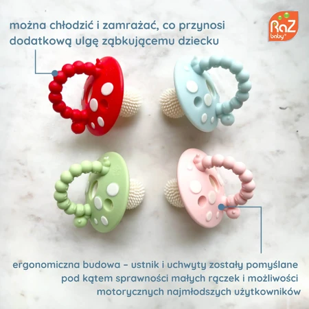 RaZbaby, logopedie bijtring, paddenstoel, rood en groen, vanaf 3 maanden, 2 stuks