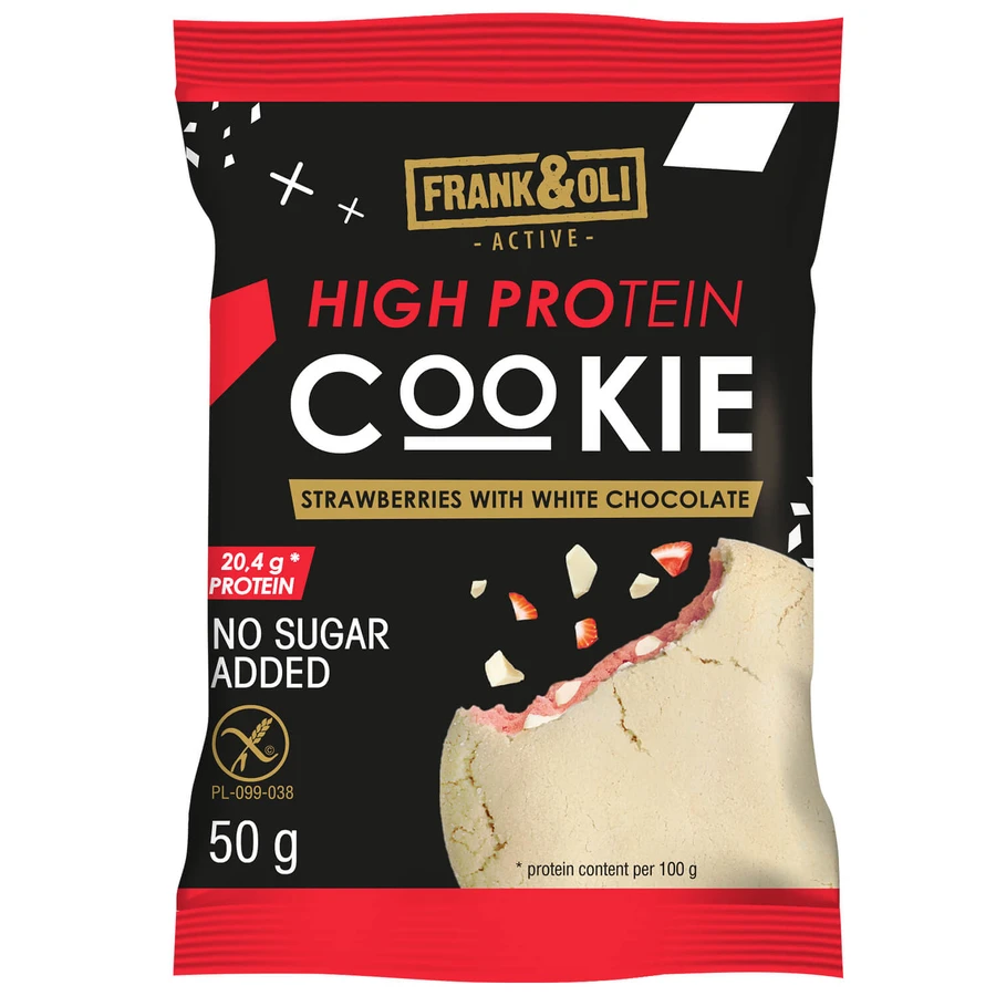 Frank&Oli High Protein, biscuit protéiné mou, fraise et chocolat blanc, 50 g