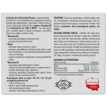 Activlab Pharma ActiCalcin D3+K2, 60 comprimés