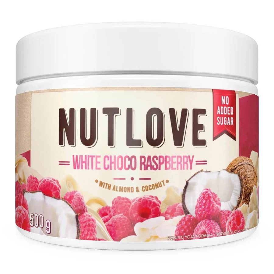 Allnutrition Nutlove White Choco Raspberry, crème à base de chocolat blanc avec copeaux de noix de coco, amandes et framboises, sans sucre ajouté, 500 g
