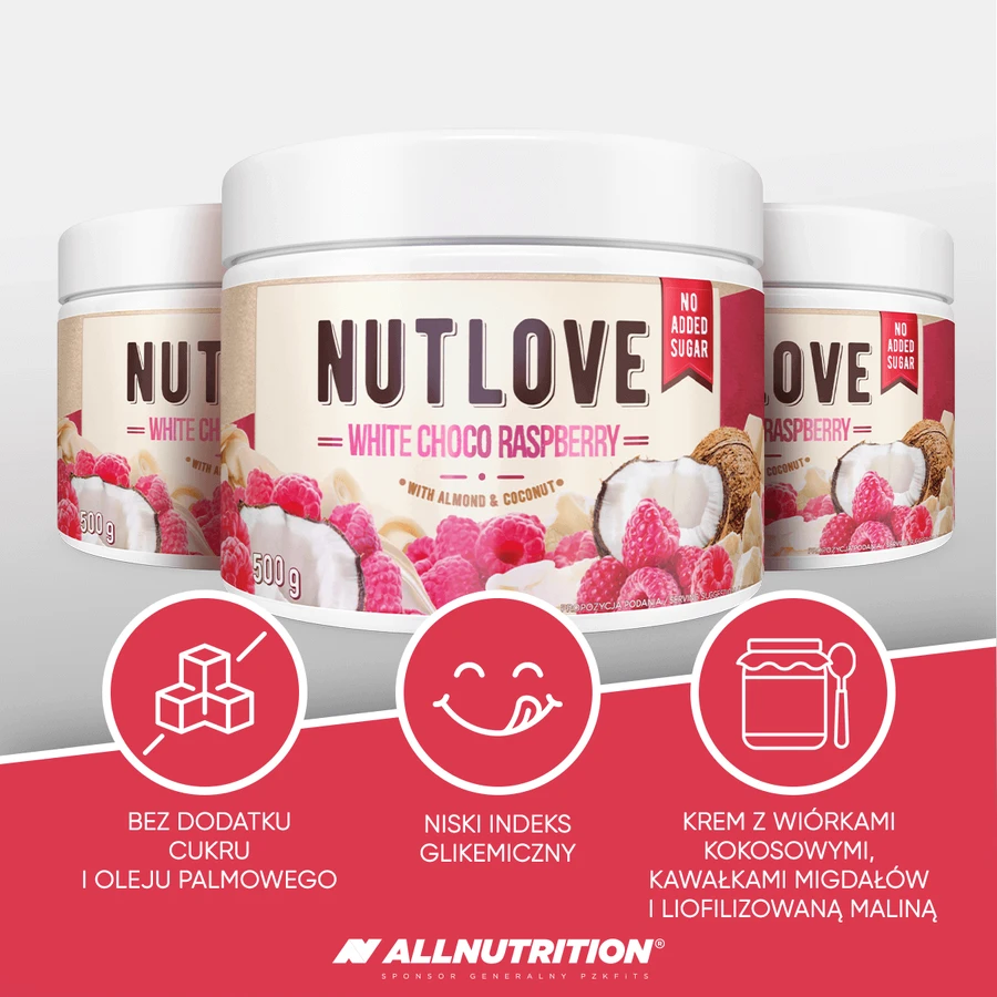 Allnutrition Nutlove White Choco Raspberry, crème à base de chocolat blanc avec copeaux de noix de coco, amandes et framboises, sans sucre ajouté, 500 g