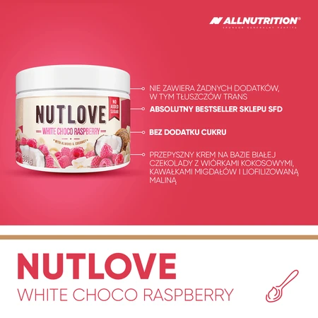 Allnutrition Nutlove White Choco Raspberry, crème à base de chocolat blanc avec copeaux de noix de coco, amandes et framboises, sans sucre ajouté, 500 g