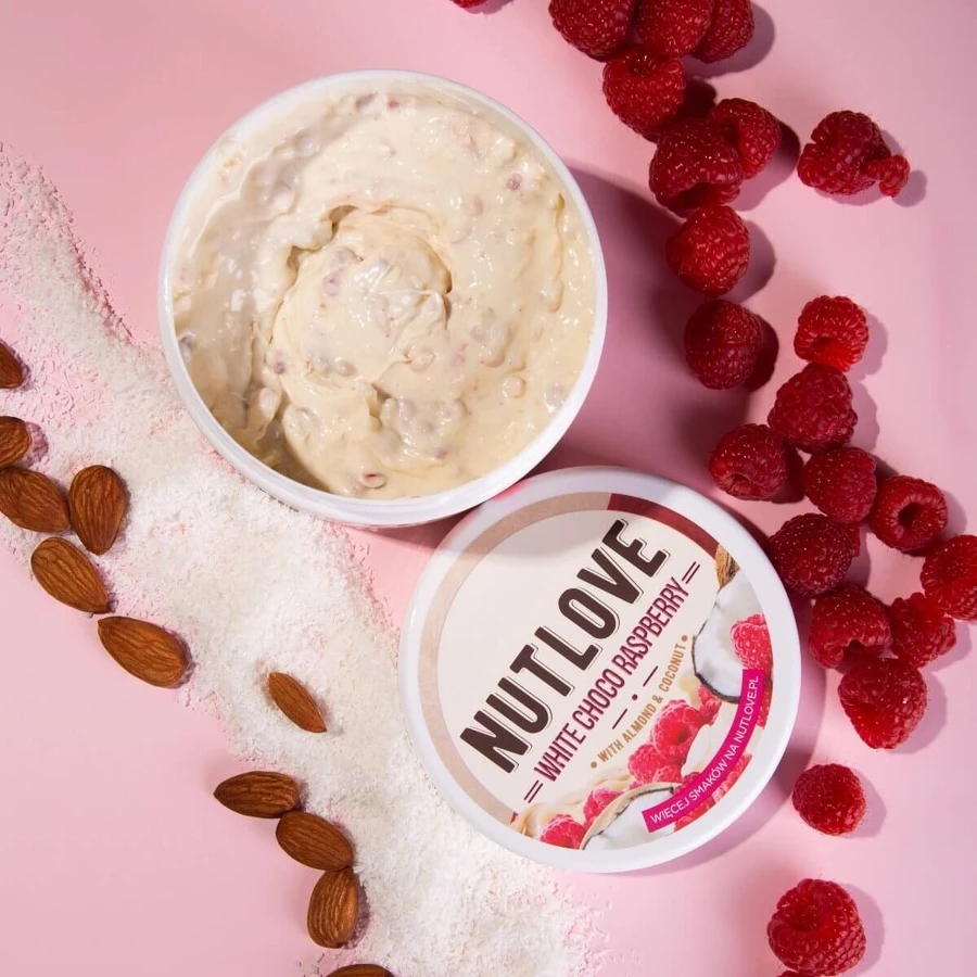 Allnutrition Nutlove White Choco Raspberry, crème à base de chocolat blanc avec copeaux de noix de coco, amandes et framboises, sans sucre ajouté, 500 g