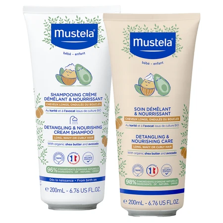 Kit Mustela, shampooing nourrissant pour un démêlage facile, cheveux longs, bouclés, ondulés, dès le premier jour, 200 ml + après-shampooing pour un démêlage facile, 200 ml