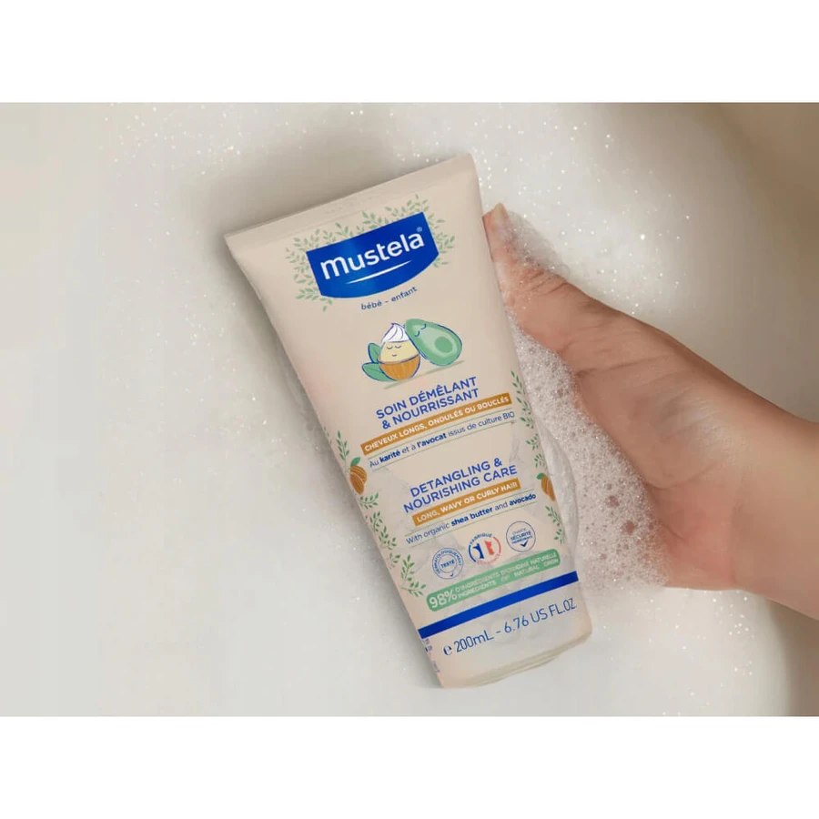 Kit Mustela, shampooing nourrissant pour un démêlage facile, cheveux longs, bouclés, ondulés, dès le premier jour, 200 ml + après-shampooing pour un démêlage facile, 200 ml