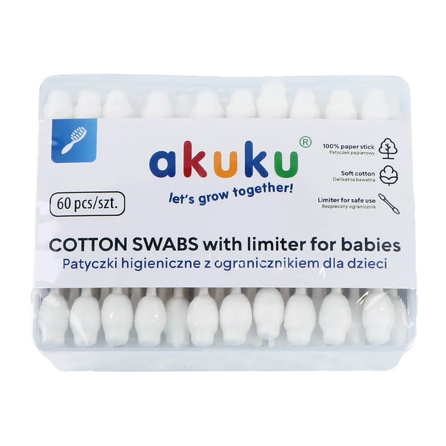 AKUKU, oorstokjes met stop voor baby's en kinderen, 60 stuks