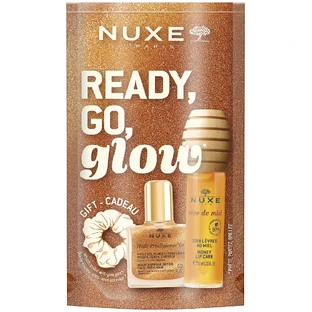 Nuxe Ready Go Glow Set, Honig-Lippenöl, 10ml + Trockenöl, 10ml + Haargummiband