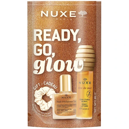Nuxe Ready Go Glow Set, Honig-Lippenöl, 10ml + Trockenöl, 10ml + Haargummiband