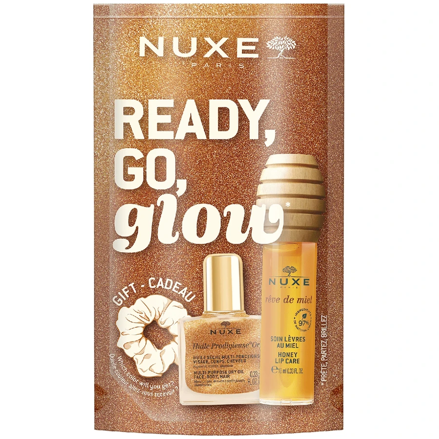 Nuxe Ready Go Glow Set, Honig-Lippenöl, 10ml + Trockenöl, 10ml + Haargummiband