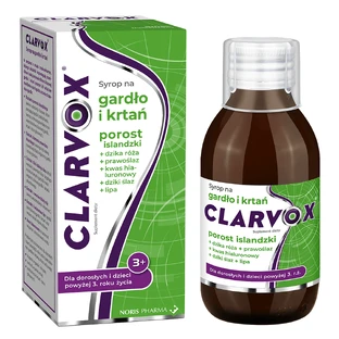 Clarvox Jarabe para garganta y laringe para adultos y niños a partir de 3 años, liquen + rosa mosqueta, sabor fresa, 200 ml