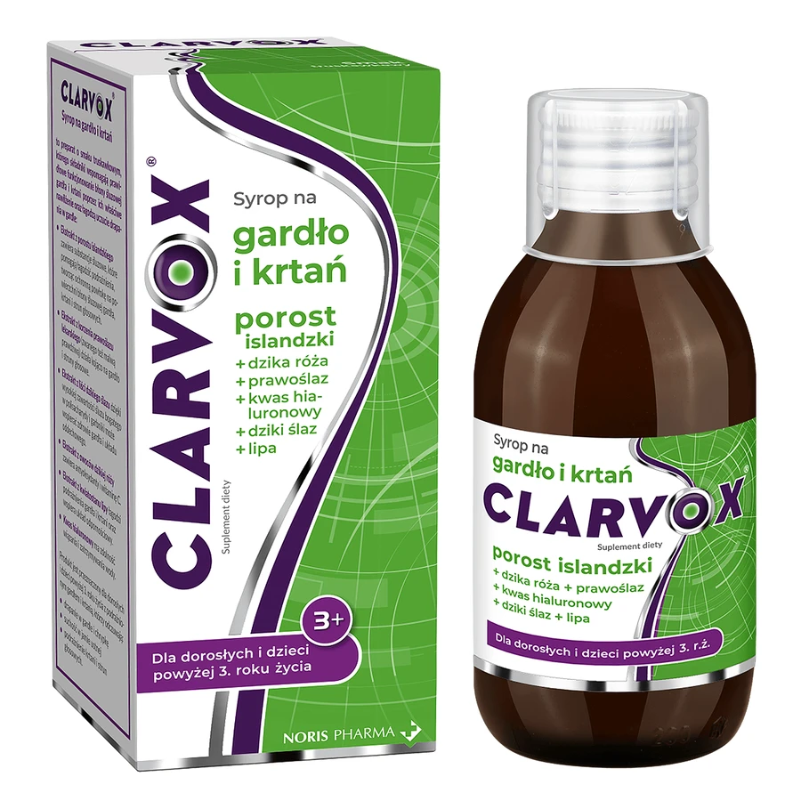 Clarvox Jarabe para garganta y laringe para adultos y niños a partir de 3 años, liquen + rosa mosqueta, sabor fresa, 200 ml