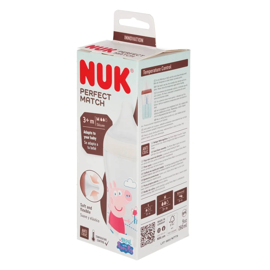 NUK Perfect Match, antikoliekfles met siliconenspeen, maat M, Peppa Pig, vanaf 3 maanden, 260 ml