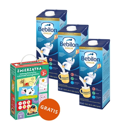 Bebilon Junior drinkset, verrijkte melkvoeding voor kinderen van 2-6 jaar, 3 x 1 l + CzuCzu, Dieren Creatieve spelletjes met uitwisbare stift, vanaf 3 jaar gratis