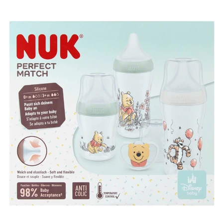 NUK Perfect Match Starterset, 3 Anti-Colic-Flaschen + Schnuller, Winnie the Pooh, 0-6 Monate