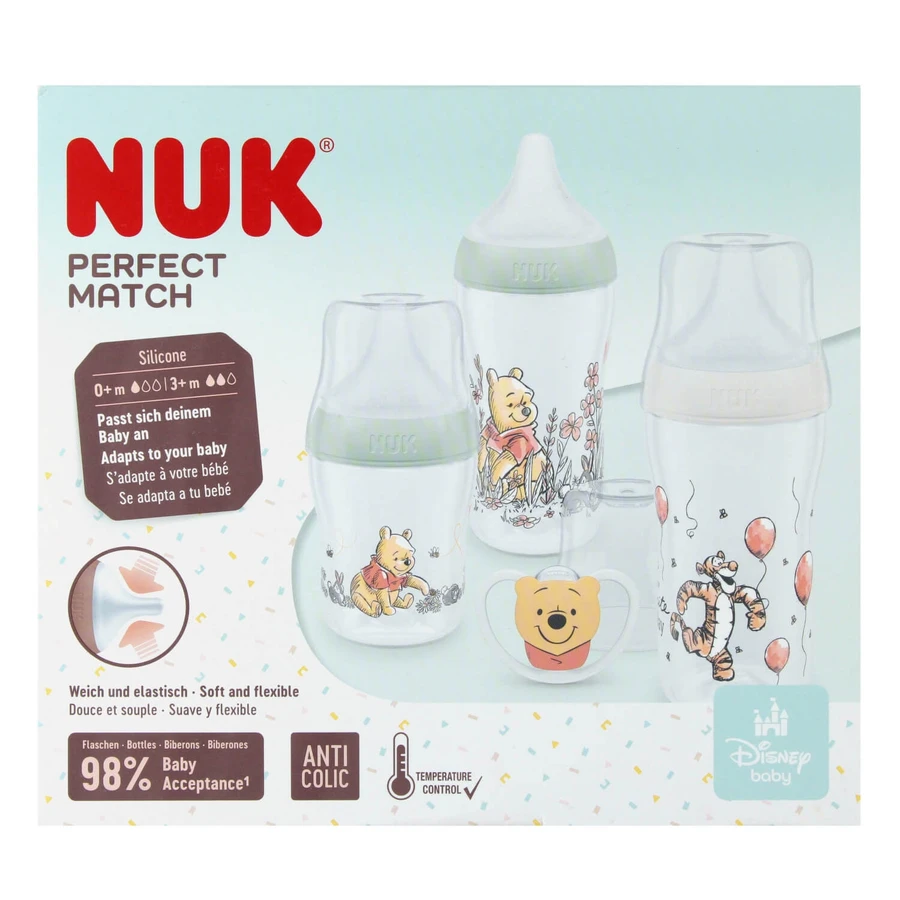 NUK Perfect Match Starterset, 3 Anti-Colic-Flaschen + Schnuller, Winnie the Pooh, 0-6 Monate