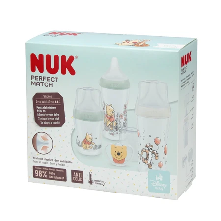 NUK Perfect Match Starterset, 3 Anti-Colic-Flaschen + Schnuller, Winnie the Pooh, 0-6 Monate