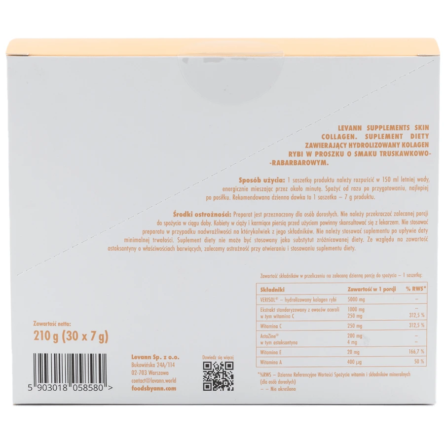 Levann "jA" Colágeno Cutáneo, fresa y ruibarbo, 7 g x 30 sobres