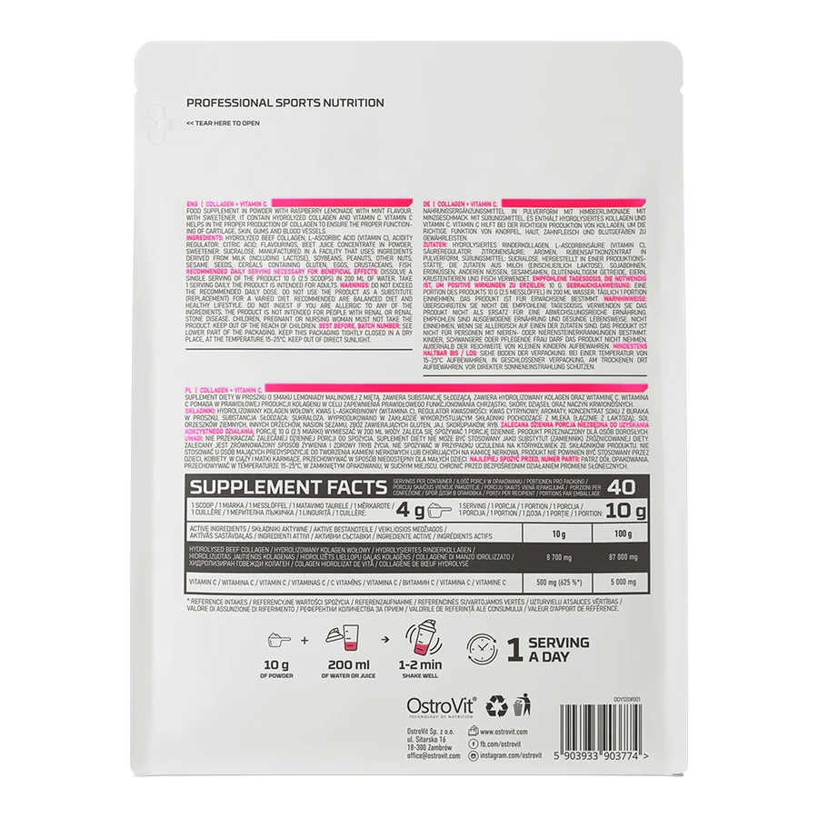 OstroVit Collagen + Vitamin C, raspberry lemonade flavor with mint, 400 g