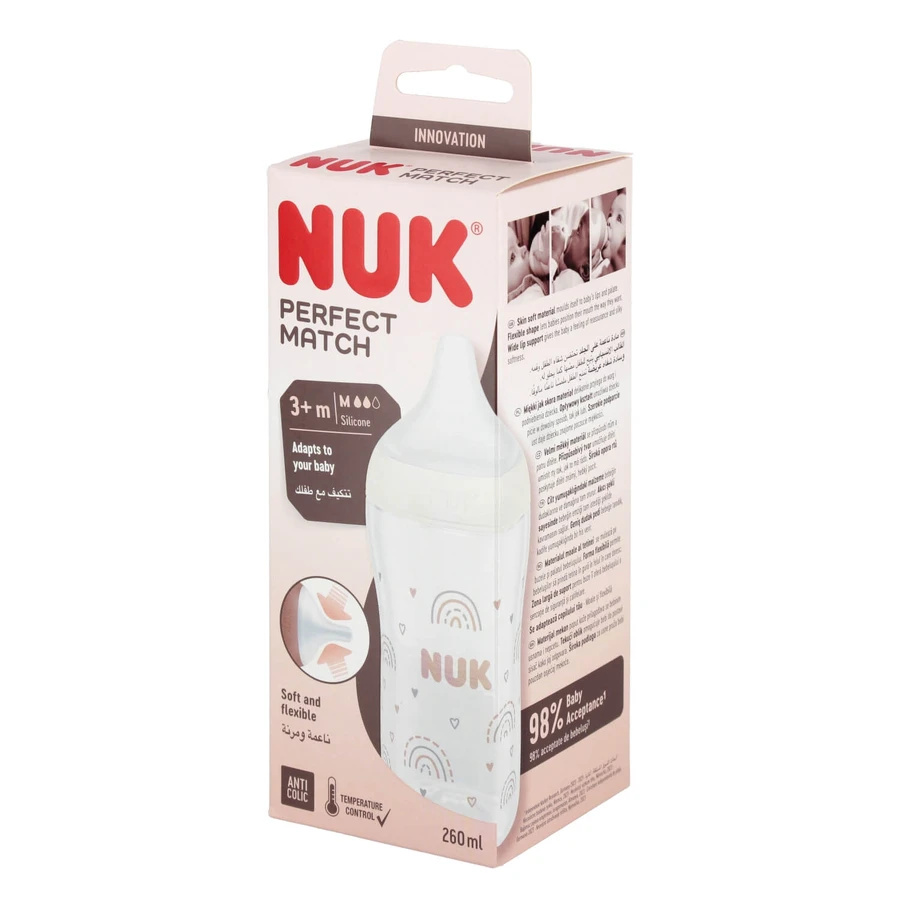 NUK Perfect Match, antikoliekfles met siliconenspeen, maat M, regenboog, vanaf 3 maanden, 260 ml