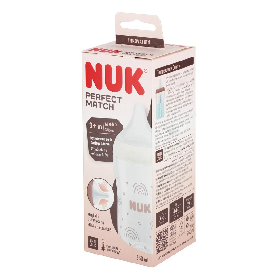 NUK Perfect Match, antikoliekfles met siliconenspeen, maat M, regenboog, vanaf 3 maanden, 260 ml