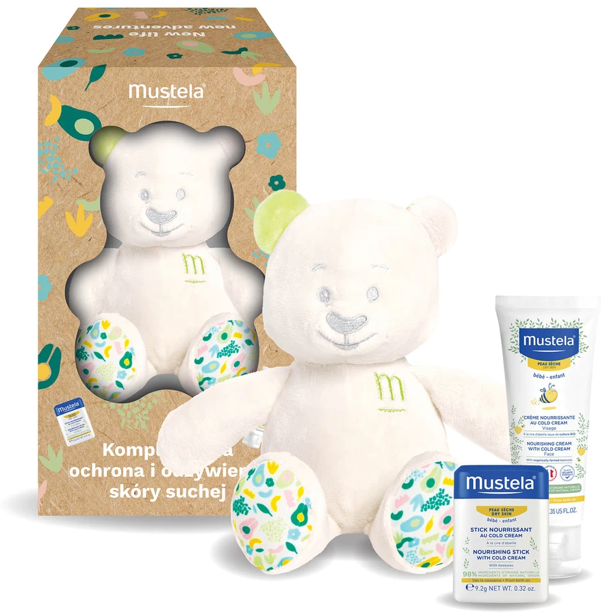 Mustela Complejo Protección y Nutrición Pieles Secas set, crema, 40 ml + stick, 9,2 g + osito de peluche