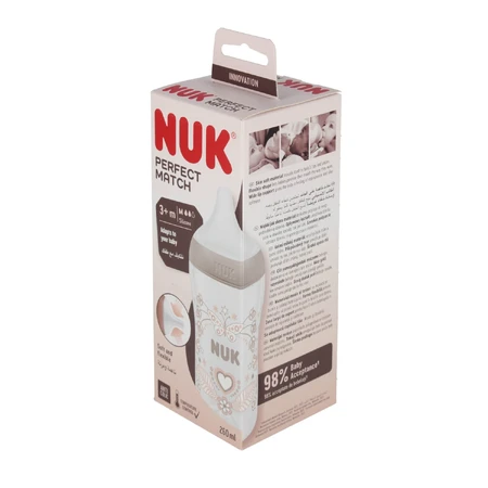 NUK Perfect Match, anti-colic bottle with silicone teat, size M, hearts, from 3 months, 260 ml.