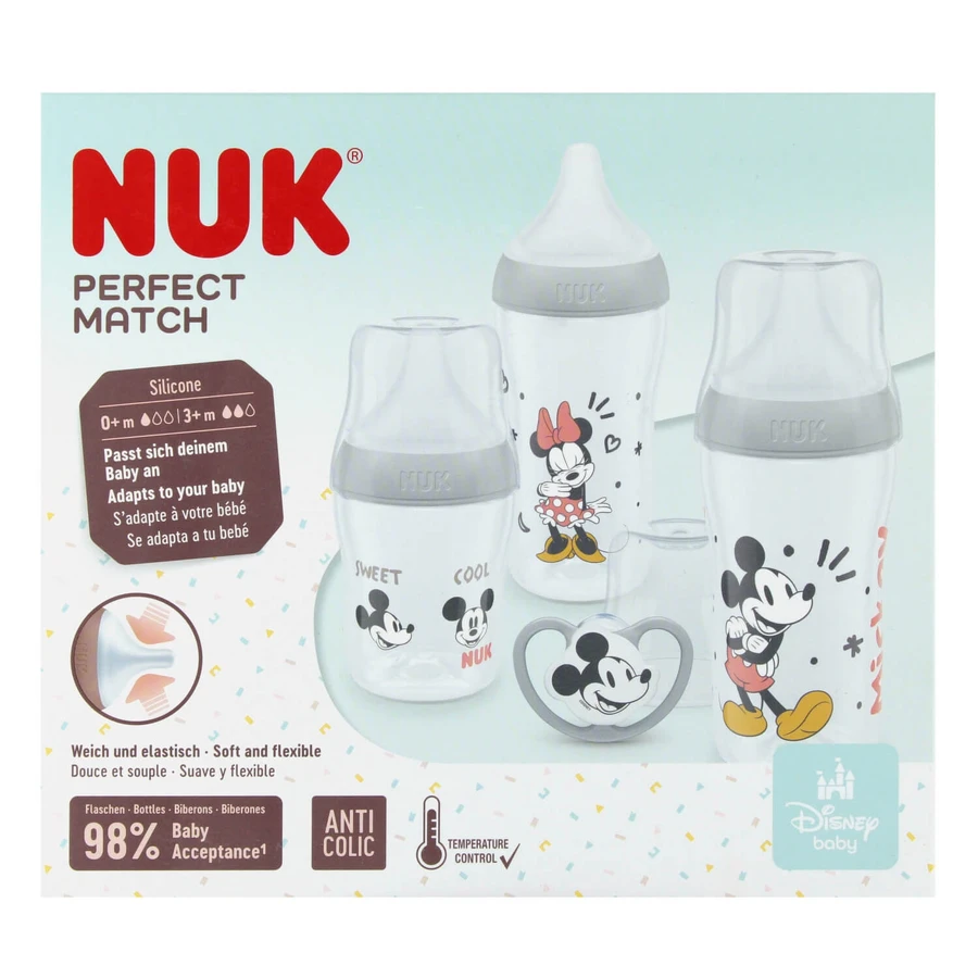 NUK Perfect Match Starterset, 3 Anti-Colic-Flaschen + Schnuller, Mickey Mouse, 0-6 Monate