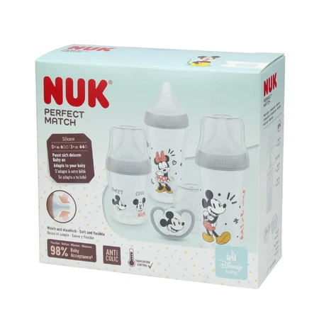 NUK Perfect Match Starterset, 3 Anti-Colic-Flaschen + Schnuller, Mickey Mouse, 0-6 Monate
