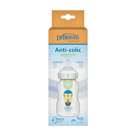 Dr. Brown's Options+, anti-colic fles met wijde hals, met speen, vanaf 3 maanden, konijn met ballonnen, 330 ml